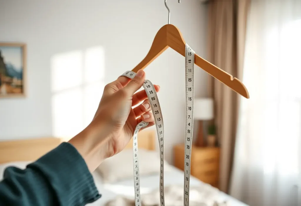 Une main féminine tient un mètre ruban souple près d'un cintreuse en bois