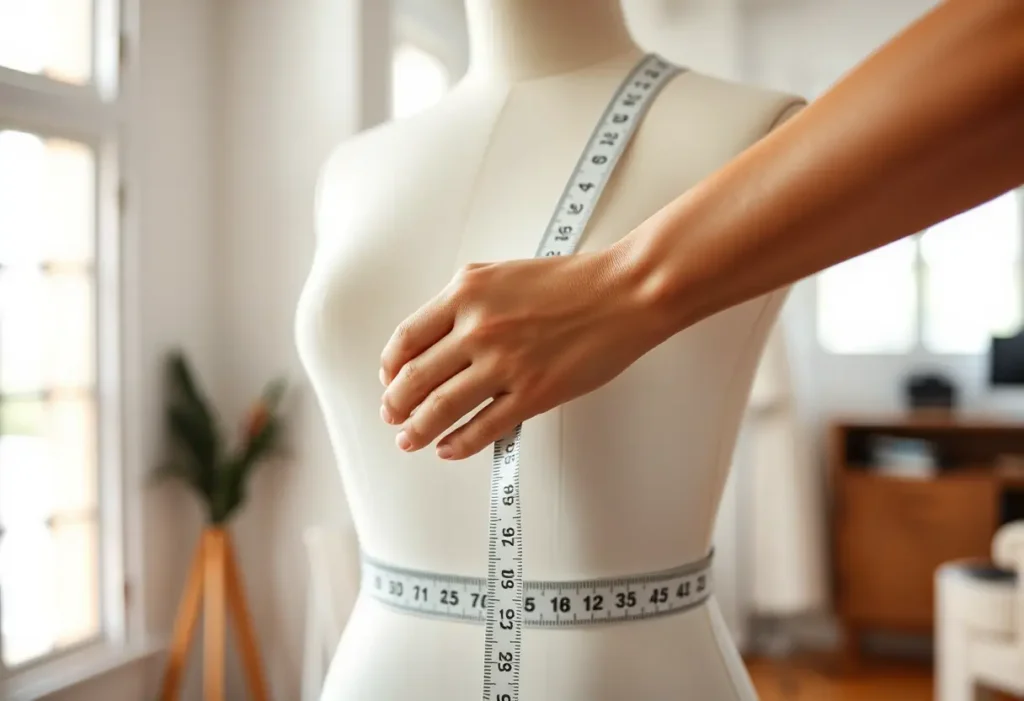 Une main féminine tient un ruban de mesure autour d'un mannequin, symbolisant la précision dans le choix du soutien-gorge.