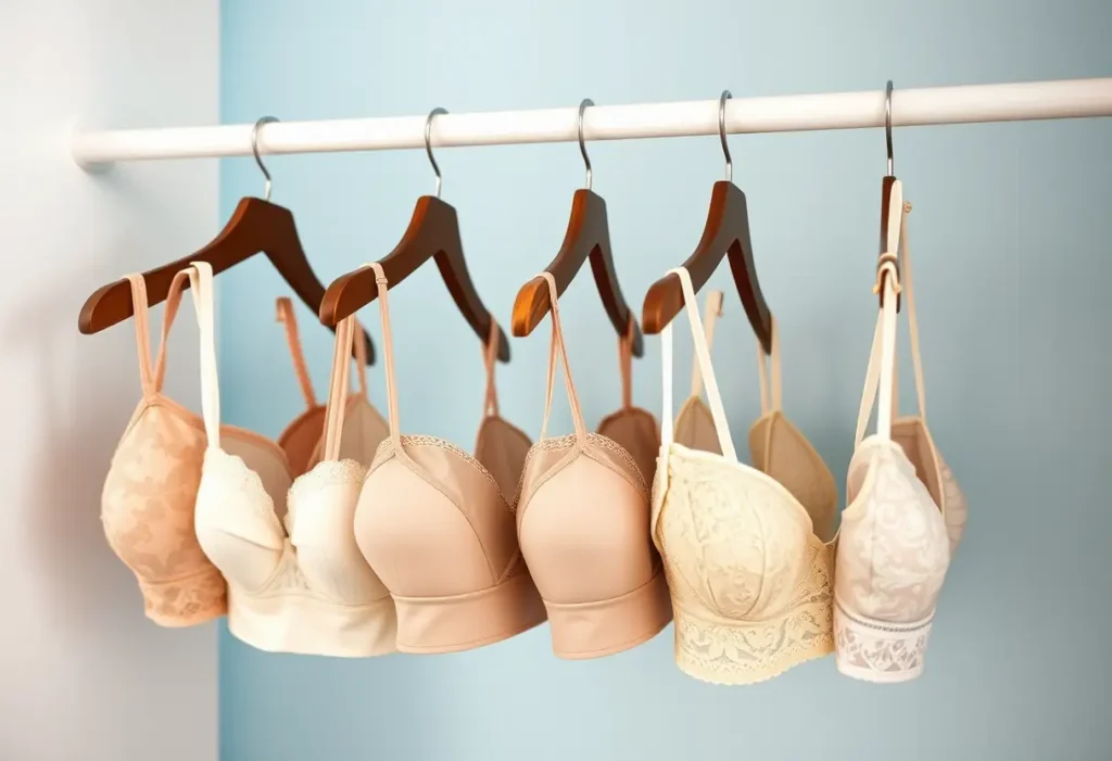 Des soutiens-gorges bien rangés sur une barre de vêtements dans un placard, différents styles visibles, éclairage naturel