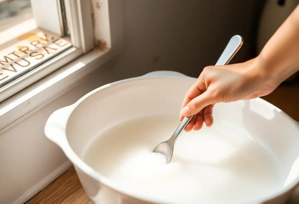 Une main féminine mélange du bicarbonate de soude dans un bol, dans la cuisine