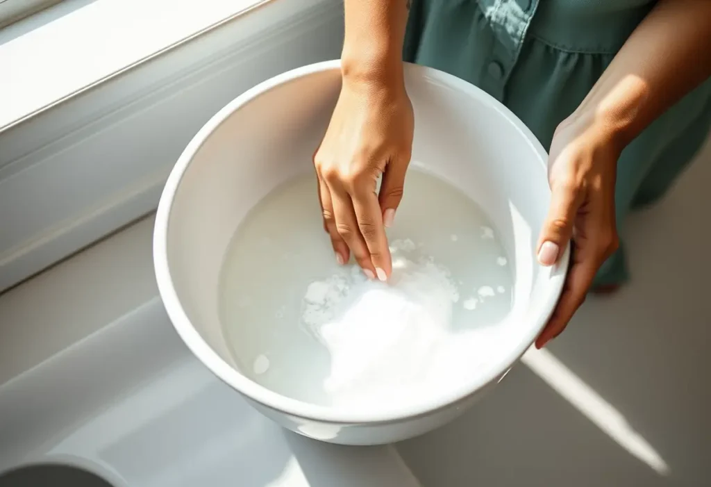Une main féminine mélange du bicarbonate de soude dans un bol d'eau, pour blanchir un soutien-gorge.