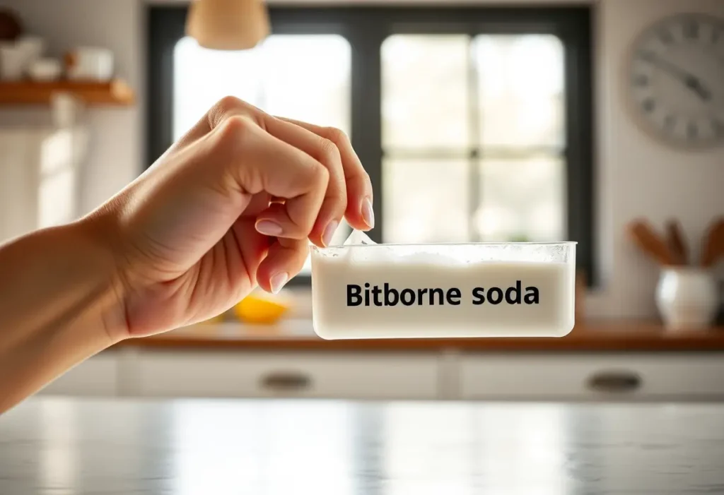 Une main verse du bicarbonate de soude dans une bouteille