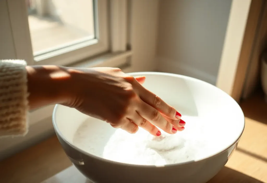 Une main féminine mélange du bicarbonate de soude dans de l'eau pour blanchir un soutien-gorge.