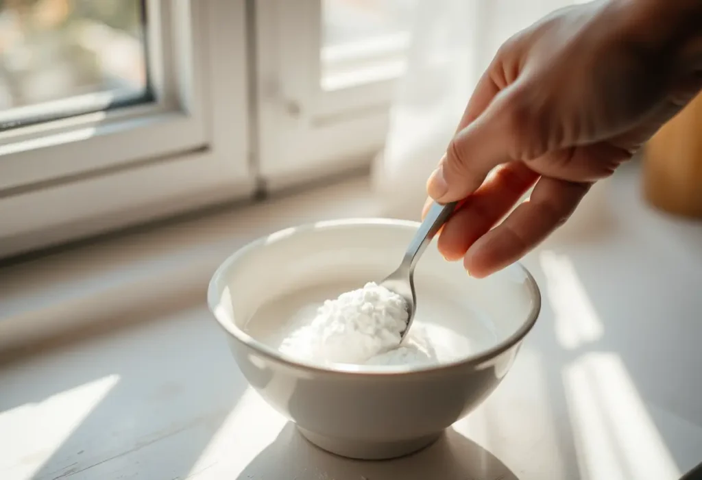 Une main qui mélange du bicarbonate de soude dans un bol en porcelaine pour blanchir un soutien-gorge.