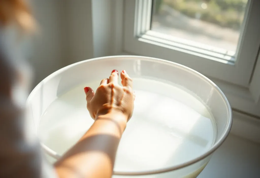 Une main féminine remue délicatement un mélange dans un seau, éclairé par la lumière du jour