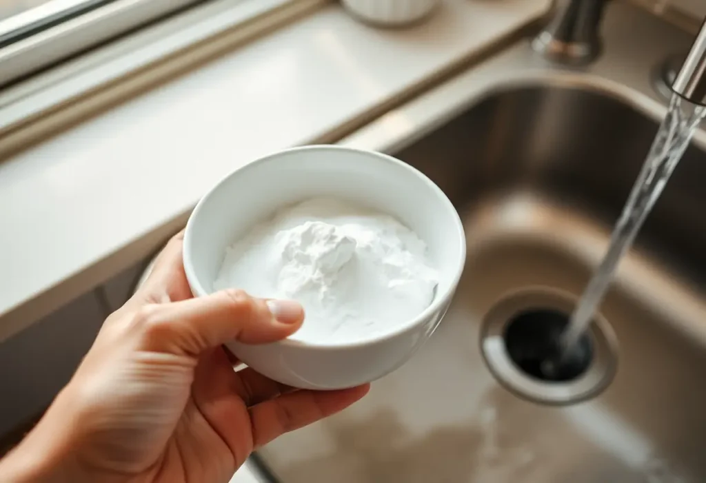 Main de femme tenant un bol blanc rempli de bicarbonate de soude