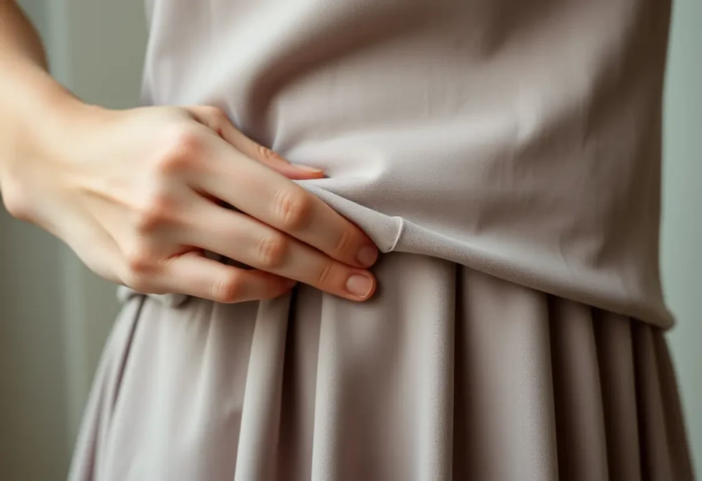 Main de femme lisant une bande de tissu sur une robe, soulignant l'intégration parfaite