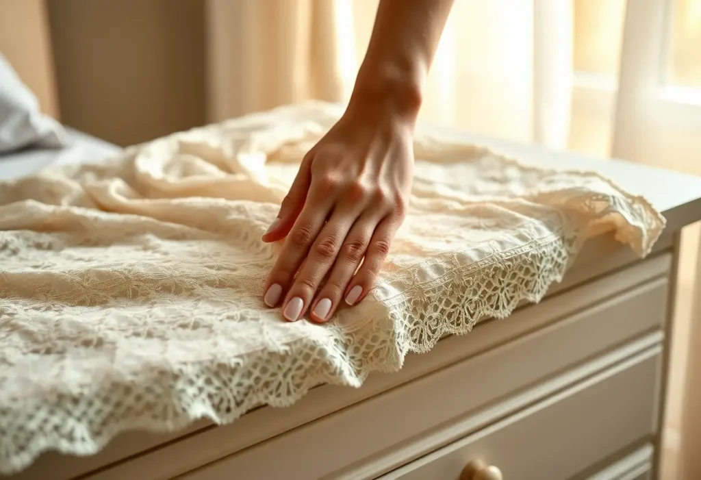 Main de femme lisérant un haut en dentelle, lumière du matin, bien-être féminin