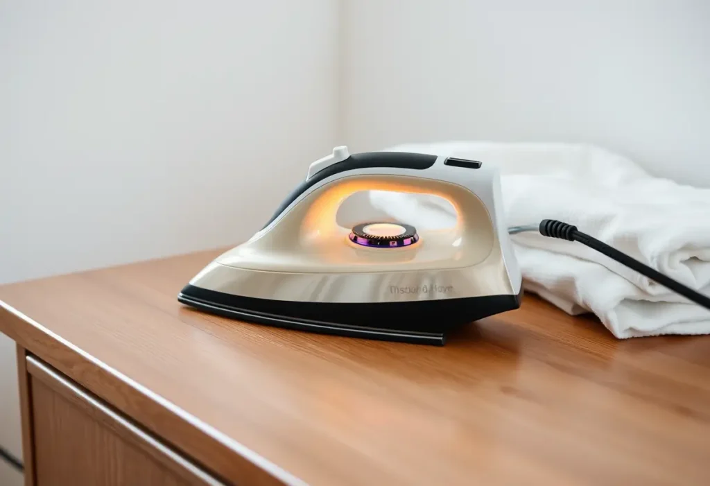 Une planche à repasser chauffe sur une commode en bois, près d’un bout de tissu blanc plié.