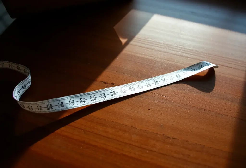 Un mètre ruban sur un bureau, lumière naturelle, éditorial