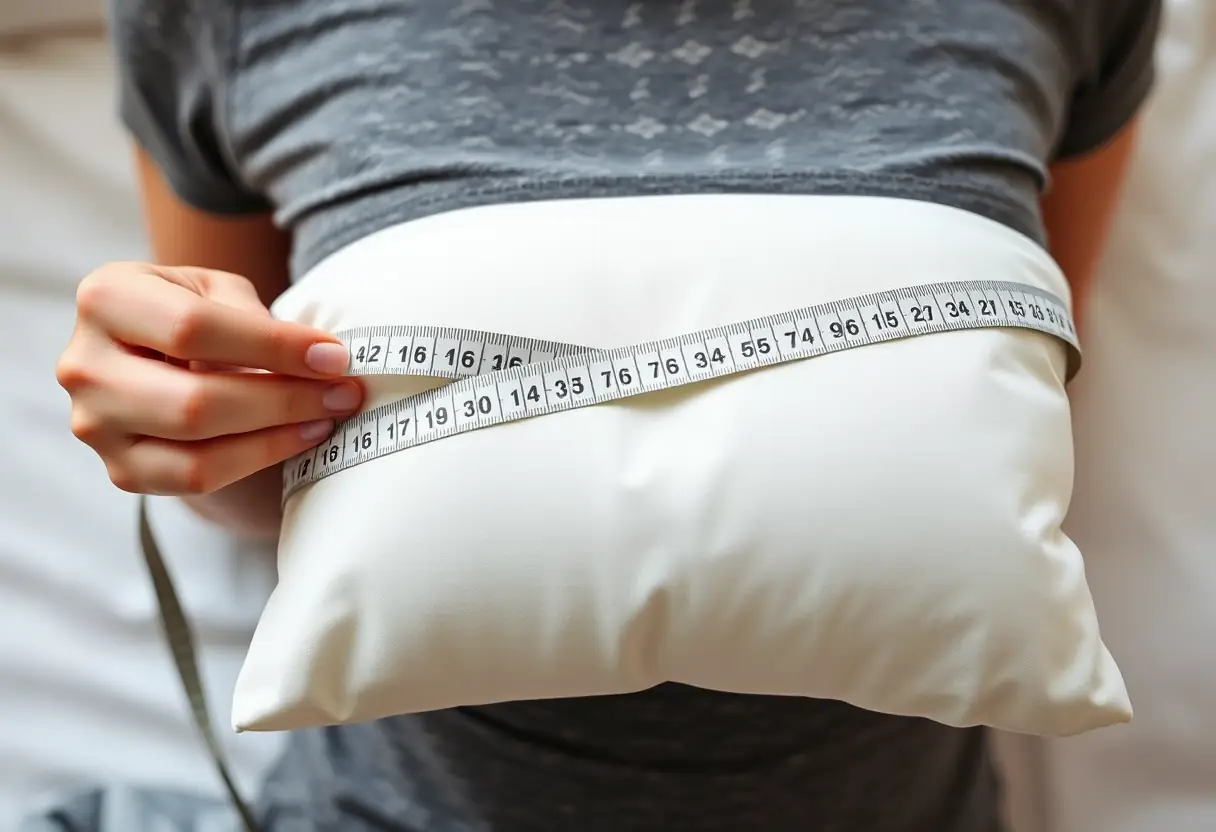 Une main féminine stabilise un mètre ruban autour d'un oreiller doux, éditorial