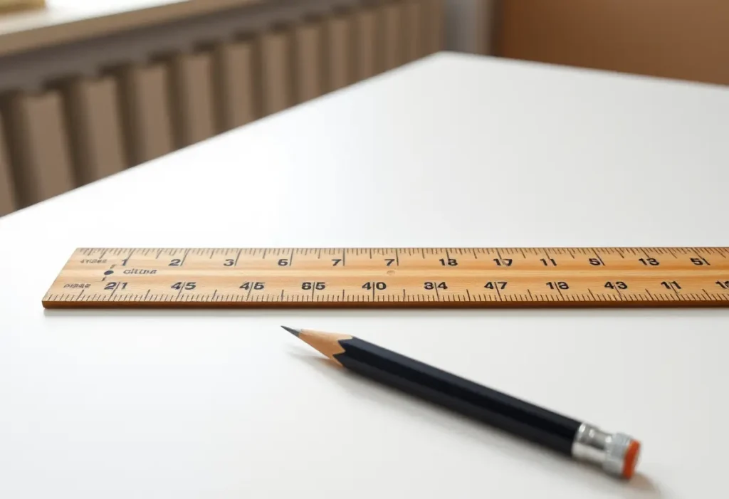 Règle et crayon sur bureau blanc pour prendre des mesures précises