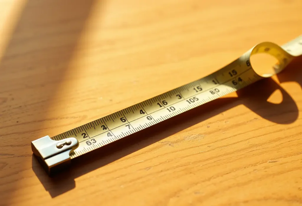 Un mètre ruban posé sur une table, prêt à être utilisé pour mesurer la taille de soutien-gorge