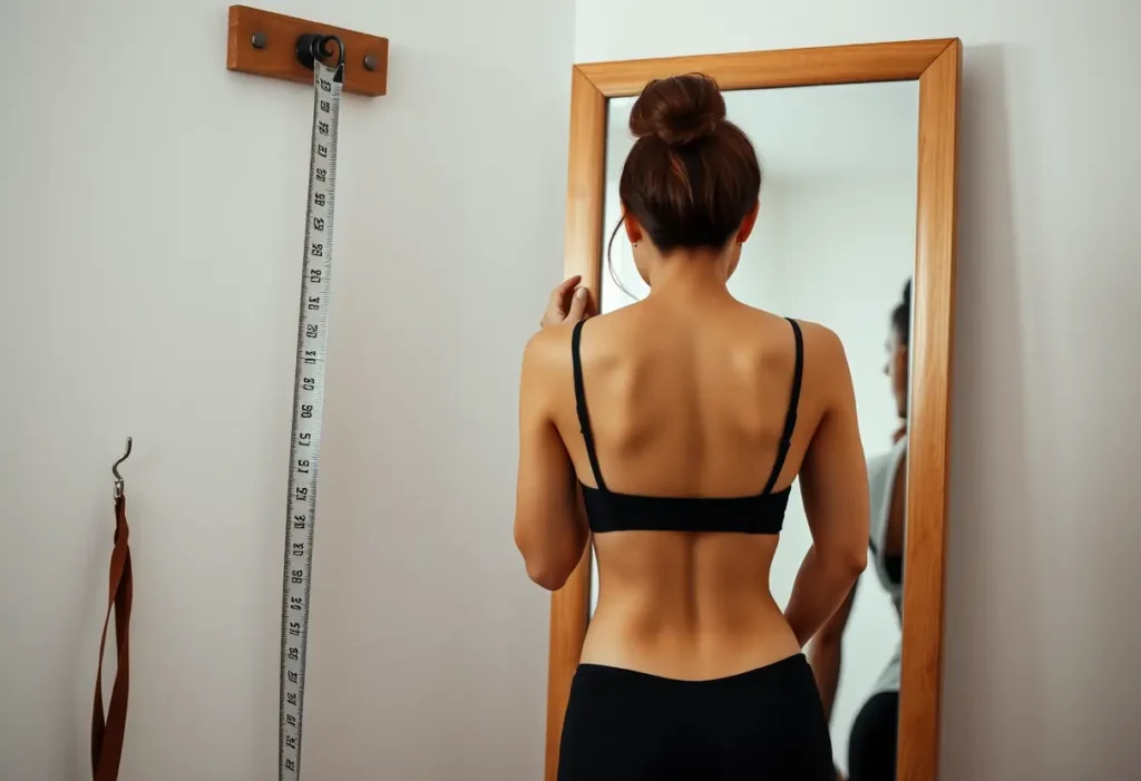 Une règle à la patte accrochée près d'un miroir, reflétant la silhouette d'une femme essayant différents soutiens-gorge