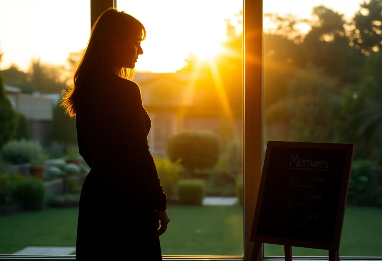 La silhouette d'une femme devant une fenêtre pendant l'heure dorée.