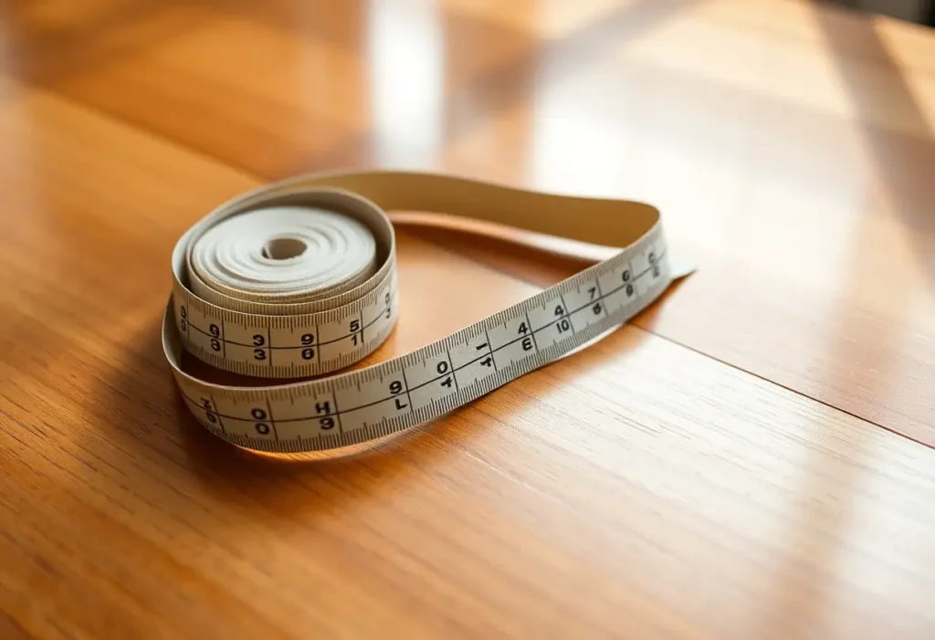 Un mètre ruban posé sur une table, utilisé pour mesurer les tailles de soutien-gorge