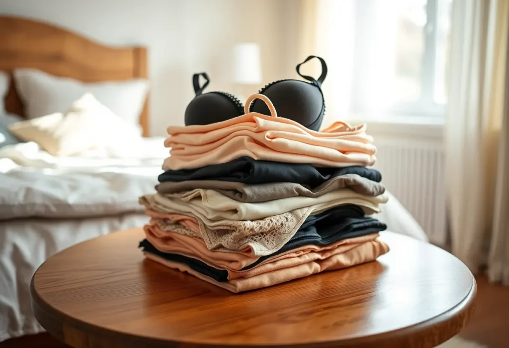 Tableau bois couvert de brassières pliées avec soin dans une chambre baignée de lumière du matin