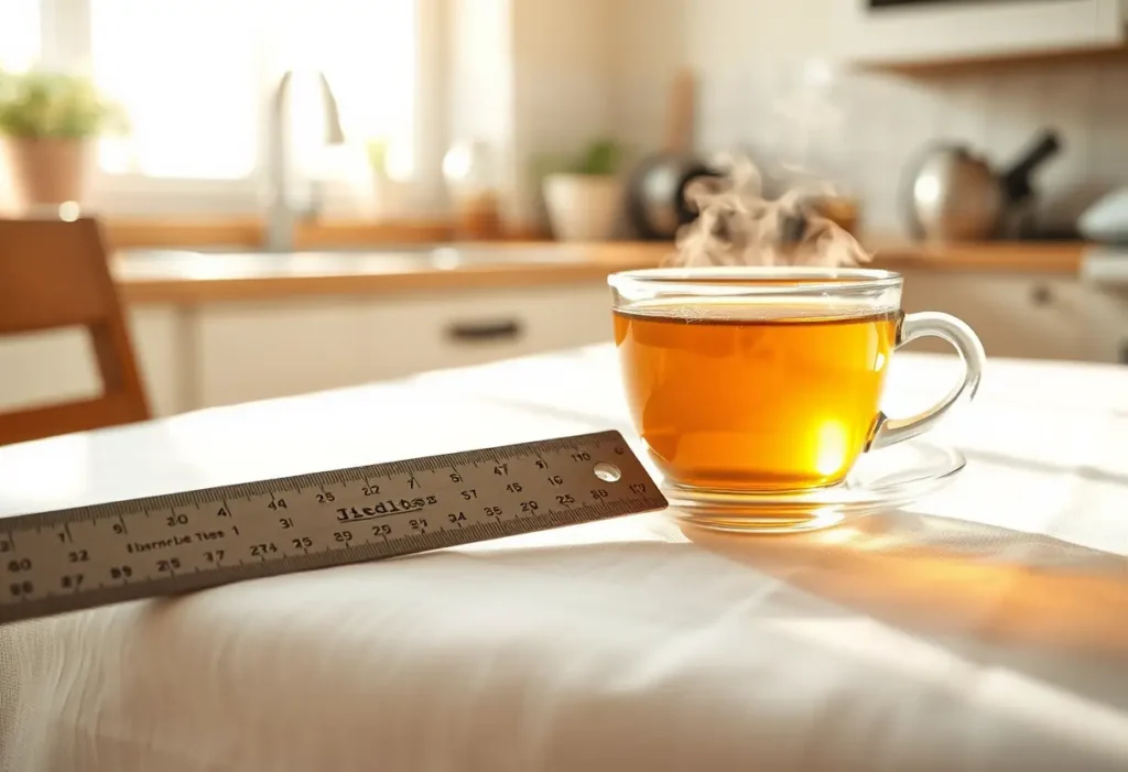 Règle métallique sur une nappe blanche, thé aromatique, cuisine ensoleillée, bien-être féminin.