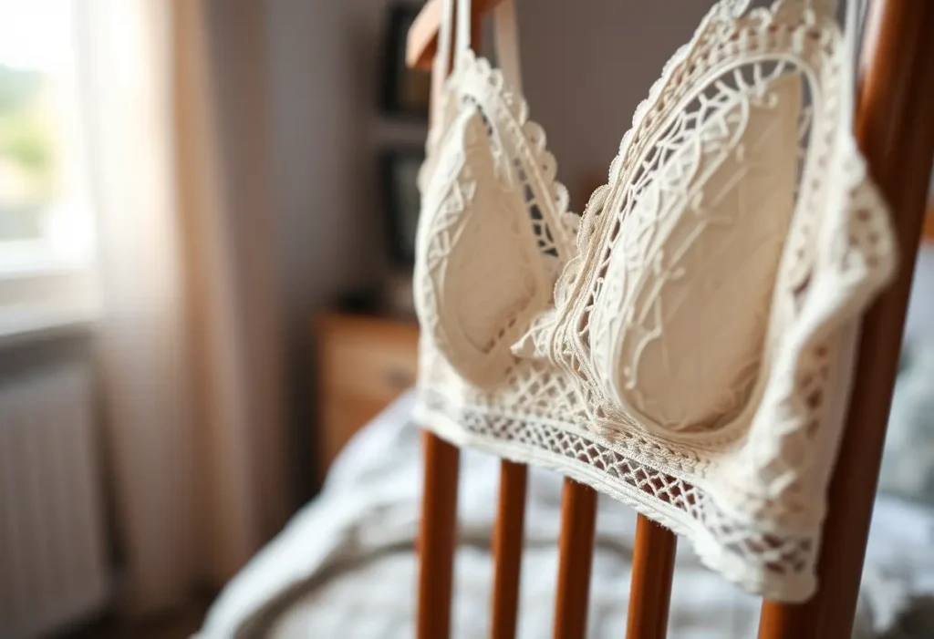 Un bretelle de soutien-gorge tissée avec élégance repose sur une chaise en bois dans une chambre accueillante, soulignant l'importance de l'ajustement.