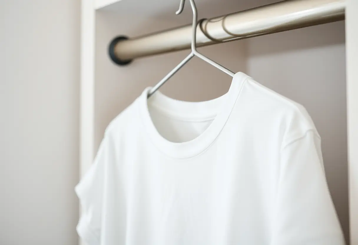 Un cintre métallique dans un placard, portant une chemise blanche pliée