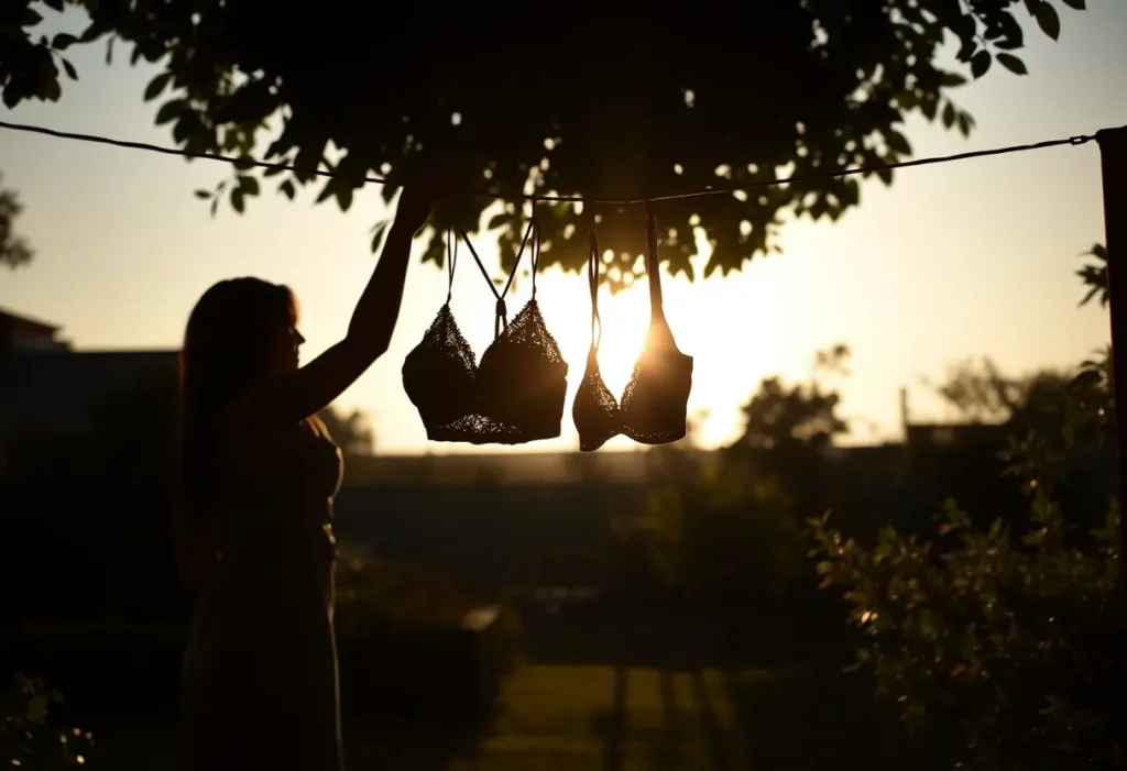 Un profil féminin accroche des soutiens-gorges sur une corde à linge dans un jardin baigné de lumière du soir.