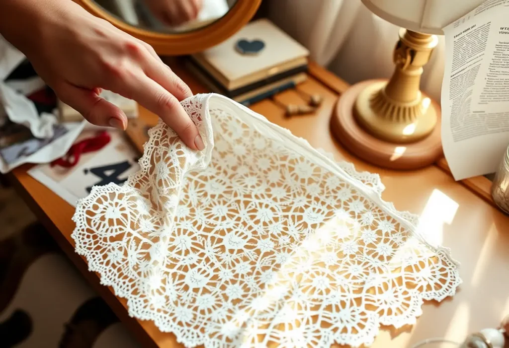 Main de femme ajustant un soutien-gorge de dentelle, symbole de soin et de bien-être.