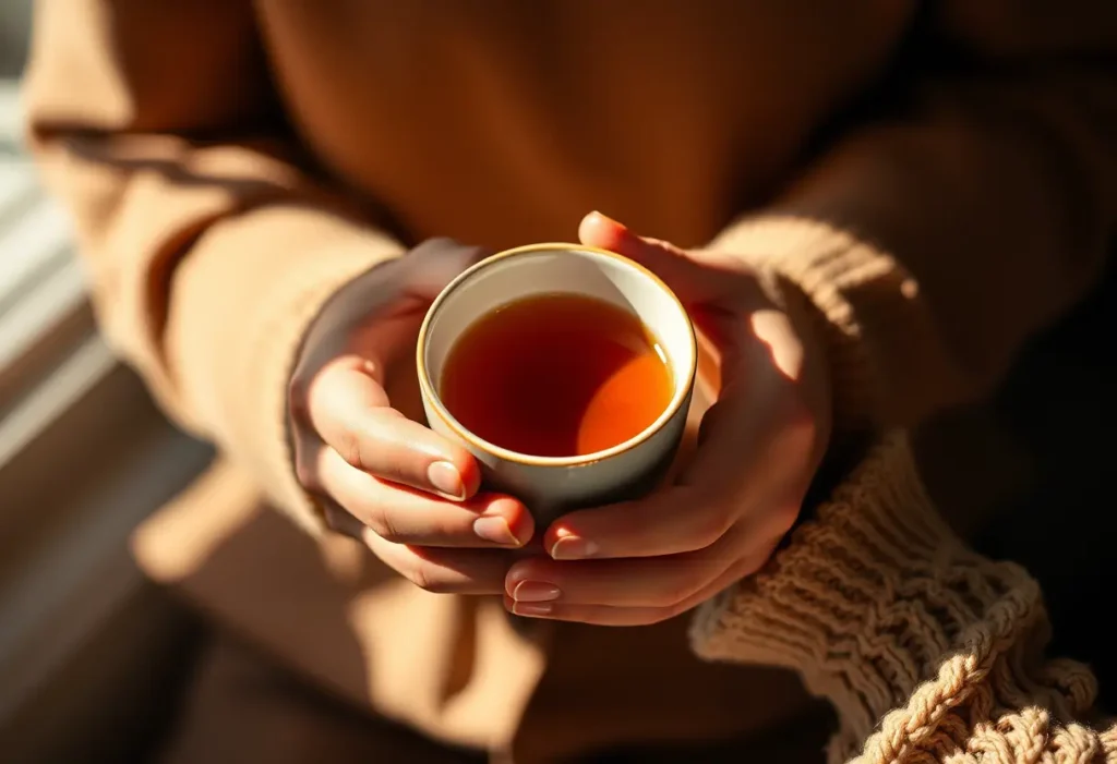 Mains tenant une tasse de thé, éclairage doux et chaleureux