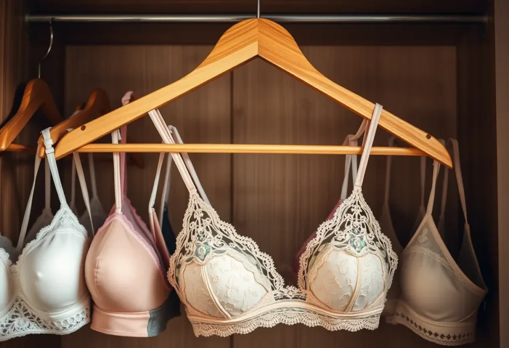 Un porte-vêtements en bois dans un placard avec plusieurs soutiens-gorge, pour souligner l'importance de la bonne taille.