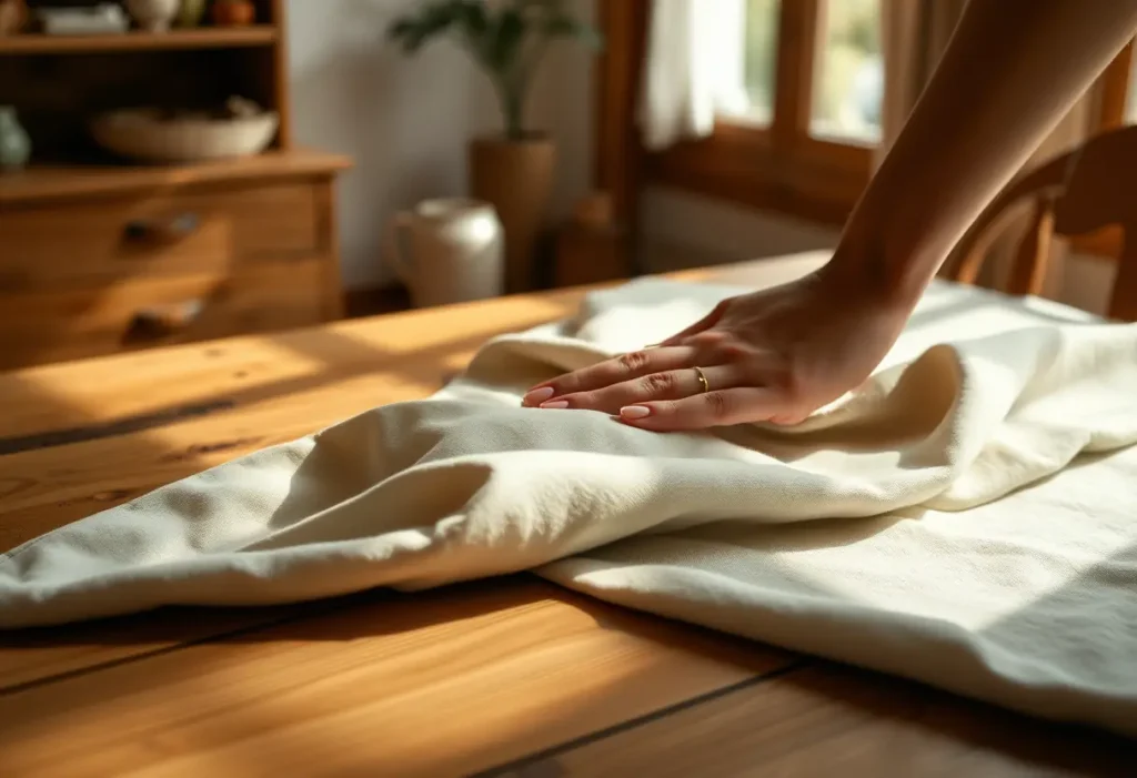 Une main féminine lisse doucement un morceau de tissu, illustrant le choix d'un soutien-gorge confortable.