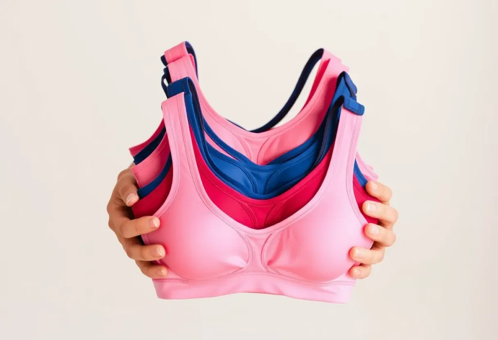 Des mains tenant une pile de soutiens-gorge de sport de différentes couleurs, chacun avec un niveau de soutien différent, illustrant la variété nécessaire pour diverses activités