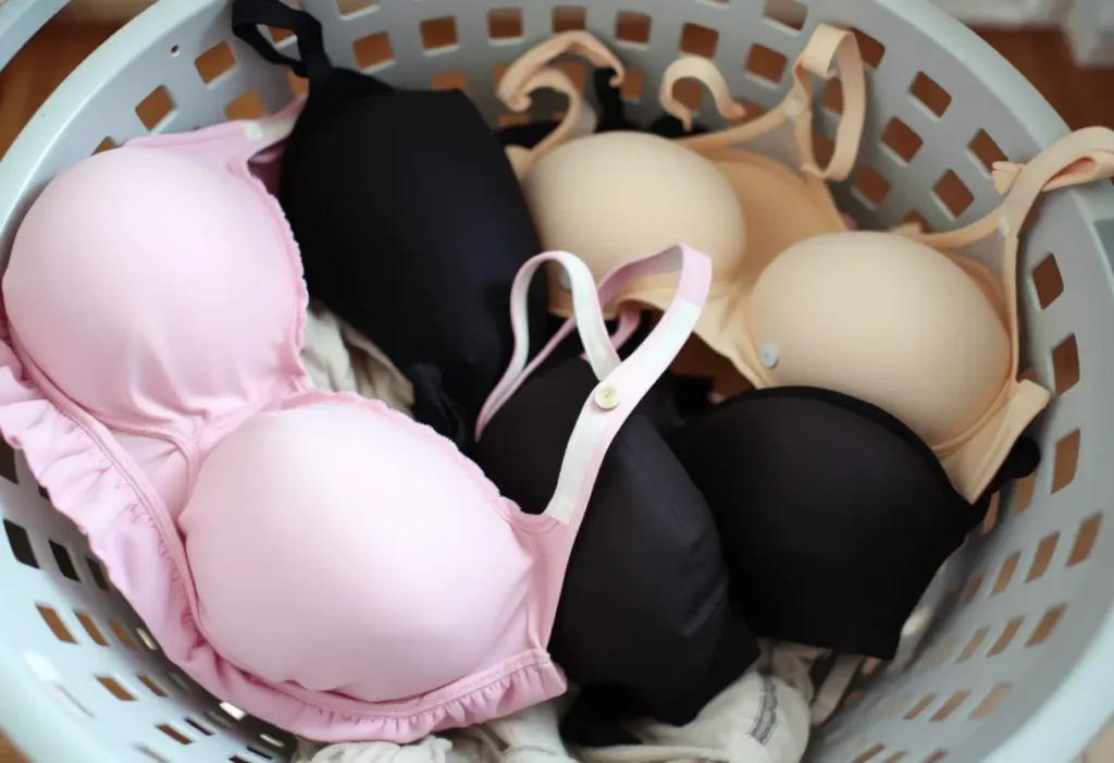 Panier à linge rempli de soutiens-gorges aux différentes étapes d'usure, mettant en lumière le besoin constant de nouveaux sous-vêtements pendant la grossesse.