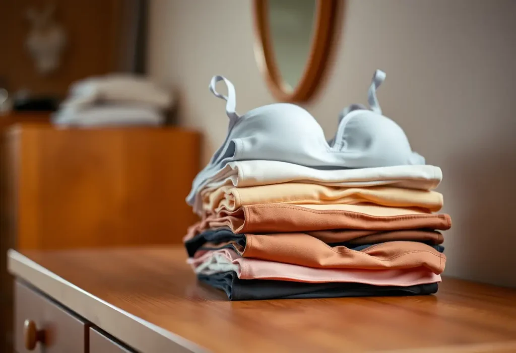 Stacks de soutiens-gorge pliés sur une commode, reflétant la diversité nécessaire pour satisfaire toutes morphologies
