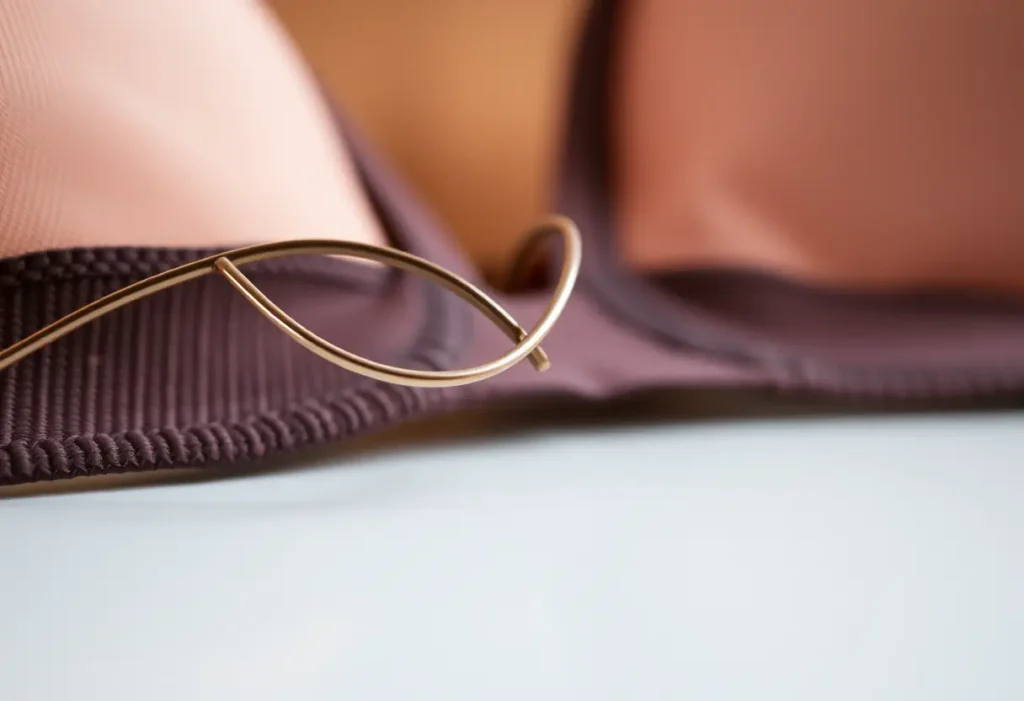 Armature de soutien-gorge posée sur une surface plane, illustrant les inconforts d’un soutien-gorge mal ajusté.