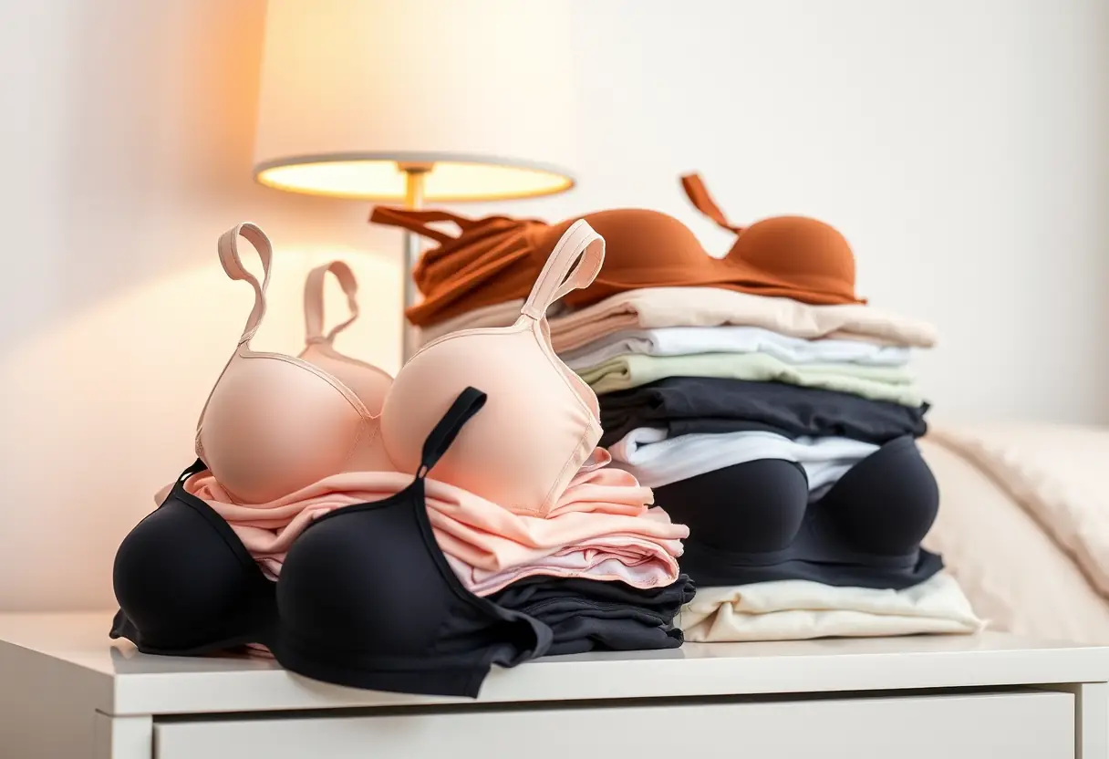 Un tas de soutiens-gorges soigneusement pliés sur une commode, représentant différentes tailles et préférences