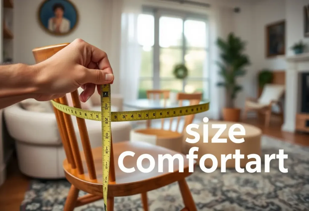 Une main mesure avec un mètre ruban sur une chaise en bois dans un salon accueillant, soulignant l'importance du bon ajustement