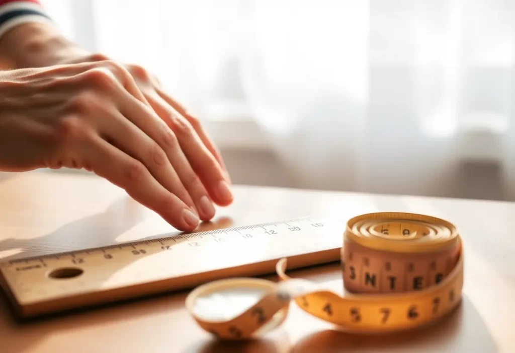 Mains posant un règle en bois à côté d’un ruban à mesurer sur une table
