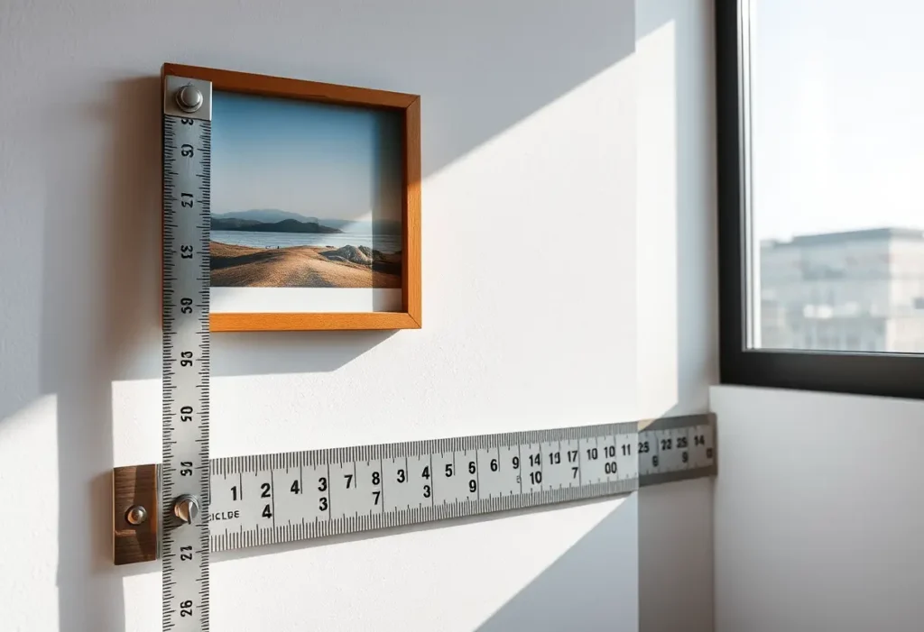Un mètre ruban accroché au mur près d'un cadre photo