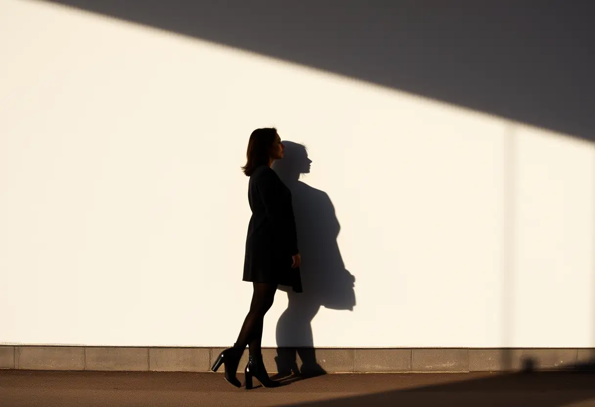 Silhouette d'une femme debout contre un mur blanc dans la lumière du soir