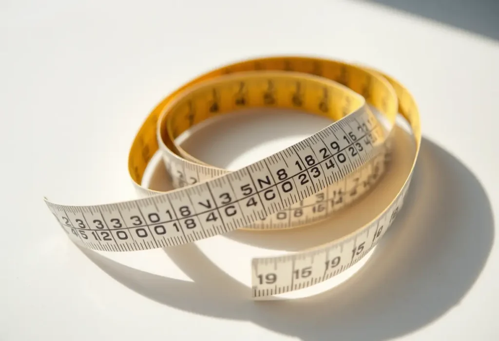 Mètre ruban flexible sur une table prêt à être utilisé pour mesurer la taille de soutien-gorge.
