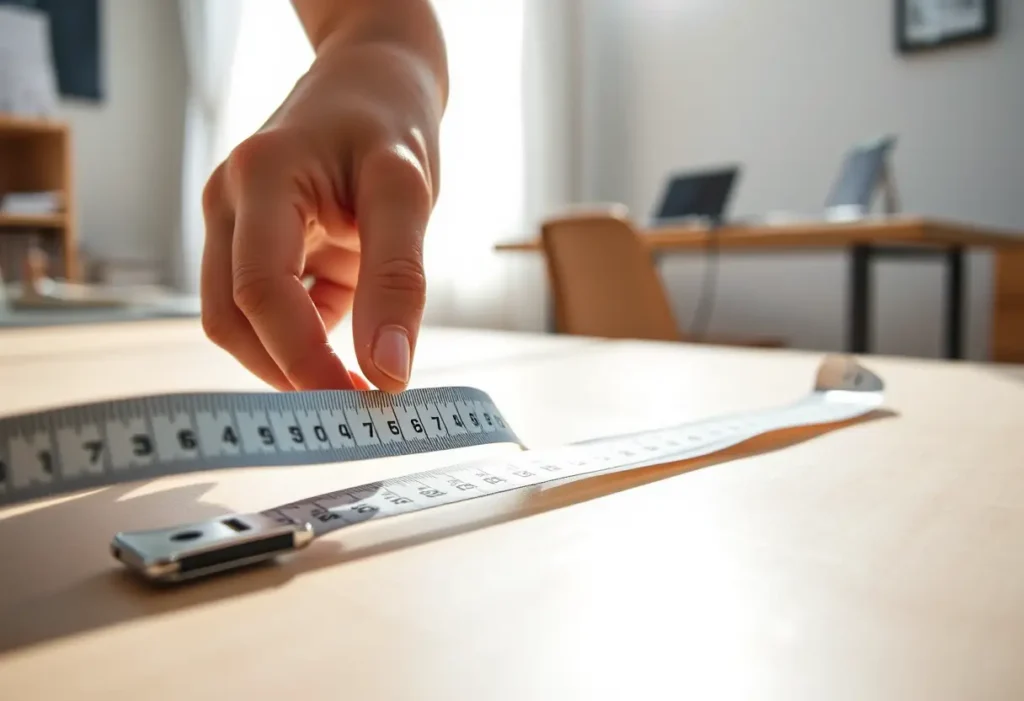 Mètre à ruban posé sur une table pour la mesure