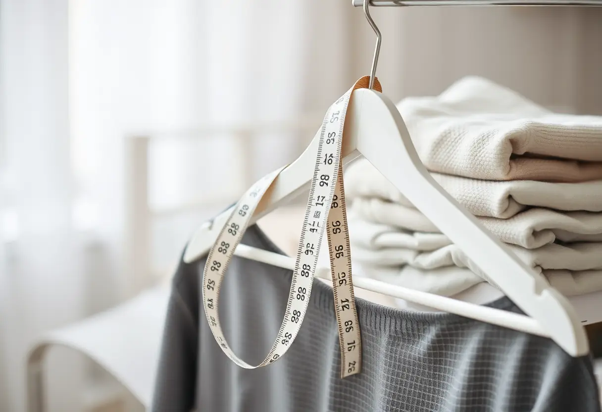 Un ruban à mesurer posé sur un cintreuse dans une chambre, prêt à être utilisé pour mesurer la taille de soutien-gorge