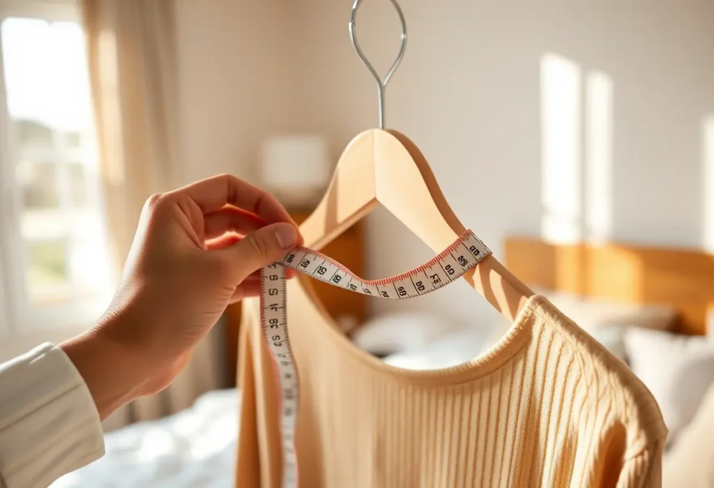 Main focus : la main d'une femme tenant un ruban à mesurer posé sur un cintreuse en bois, symbolisant l'importance des mesures précises.