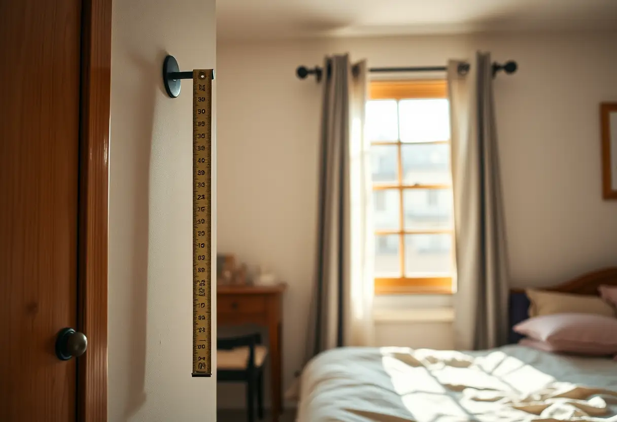 Un mètre ruban accroché au mur dans une chambre, éclairé par la lumière naturelle