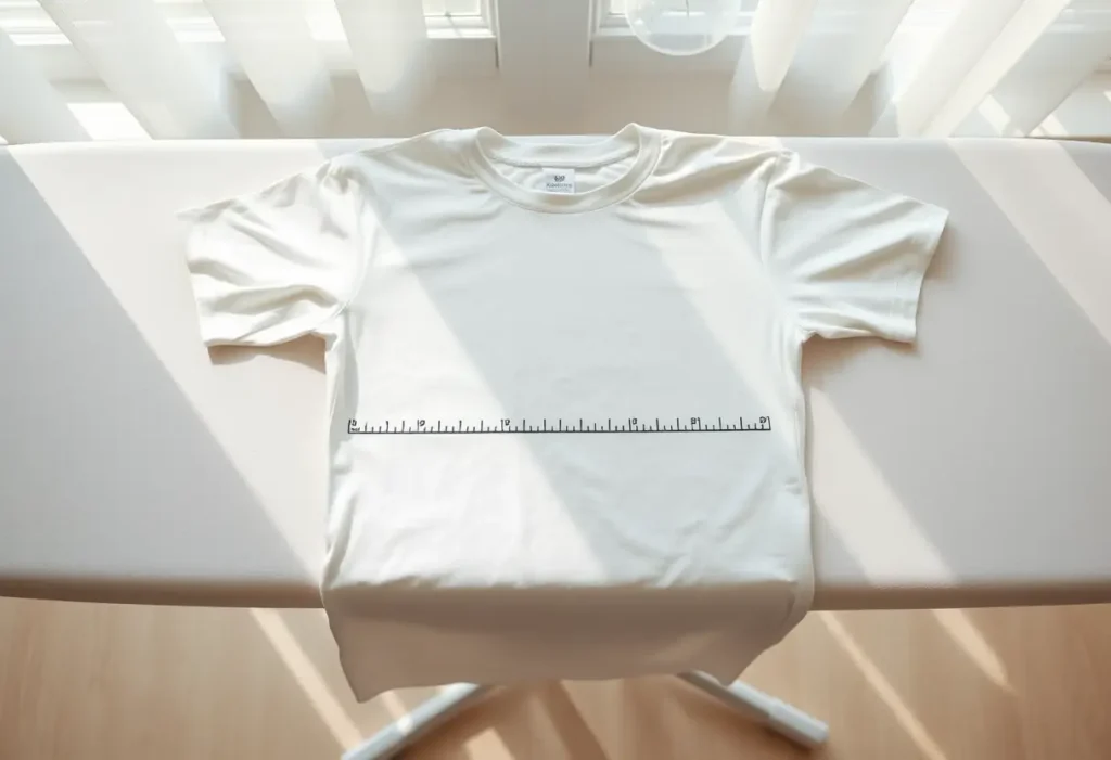 Une planche à repasser avec un tee-shirt blanc posé à plat, illustrant l'importance de comprendre ses mensurations pour un bon ajustement de soutien-gorge