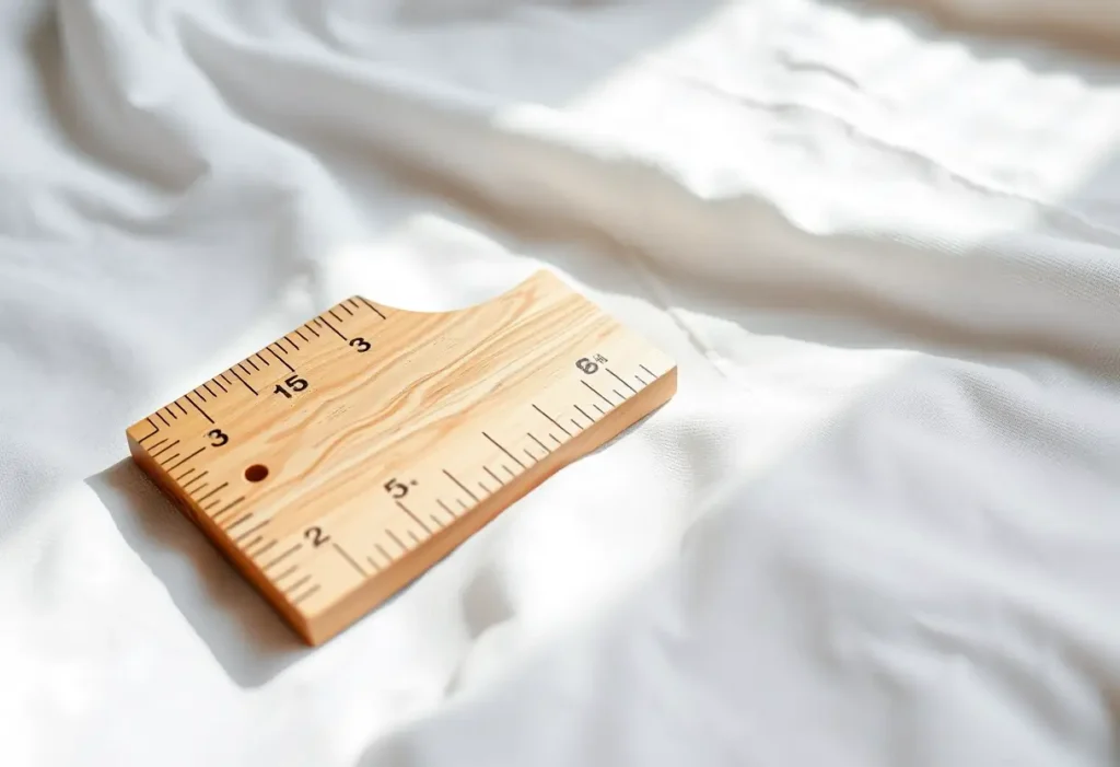 Règle en bois posée sur un tissu blanc, soulignant la précision nécessaire pour mesurer