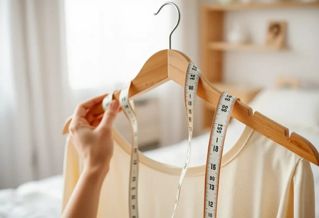 Des mains ajustent un mètre ruban autour d'un cintre en bois dans une chambre bien éclairée, sujet de l'article sur les tailles de soutien-gorge