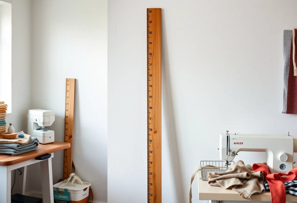 Un mètre en bois repose contre un mur blanc dans un atelier de couture, sujet de l'article sur les tailles de soutien-gorge