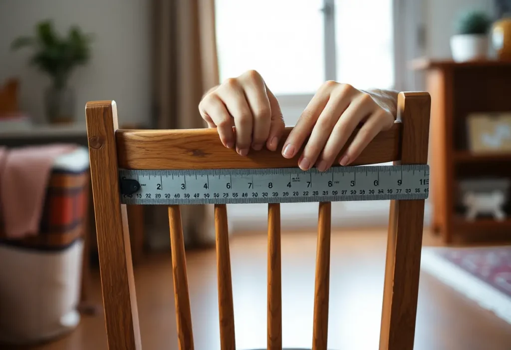 Des mains mesurant méticuleusement avec un mètre autour d’un dossier de chaise, illustrant la prise de mensuration à la maison.