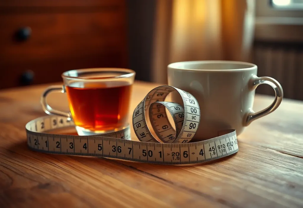 Un mètre ruban soigneusement enroulé sur une table en bois, à côté d’une tasse de thé mi-remplie dans une pièce accueillante et éclairée chaleureusement.