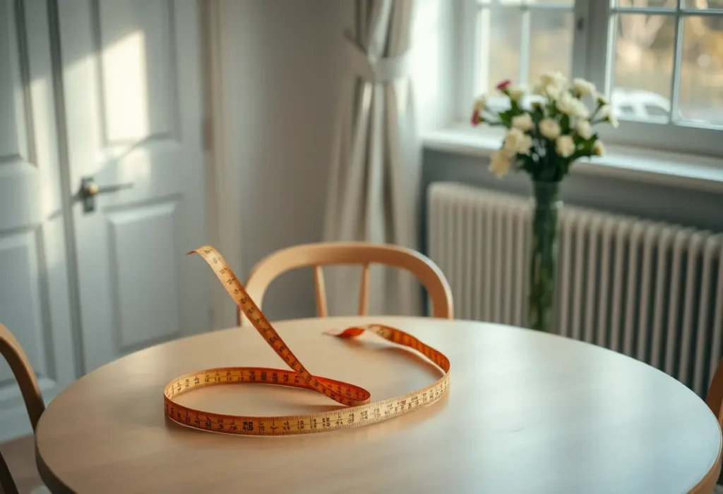 Mains posées sur une table ronde dans une pièce bien éclairée, sujet de la prise de mesure pour le bonnet de soutien-gorge.